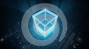 Futuristic Blue Cube Floating Over a Digital Cityscape - Technology & Data Visualization Concept