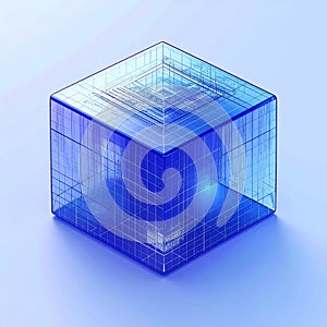 Futuristic Blue Data Cube on Light Background