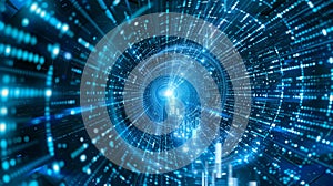 Futuristic Blue Data Tunnel with Digital Binary Code Streaming