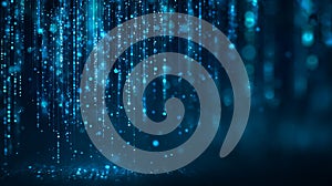 Futuristic blue digital background with glowing data lines, binary code