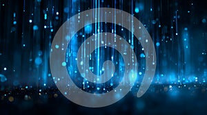 Futuristic blue digital background with glowing data lines, binary code