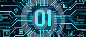 Digital Circuit Board with Glowing 01 Code