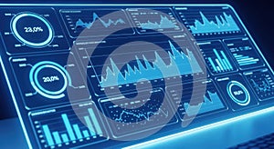 Futuristic Blue Digital Dashboard with Financial Charts and Data Visualization