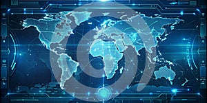 Futuristic blue digital interface displaying a world map and various data visualizations.