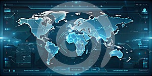 Futuristic blue digital interface displaying a world map and various data visualizations.