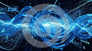 Futuristic blue digital waves and data streams in a dark technological environment