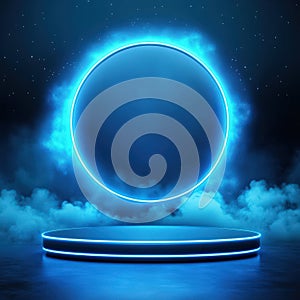 Futuristic Blue Neon Circle and Platform Background