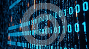 Futuristic blue and orange binary code background with glowing digital data matrix