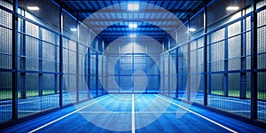 Futuristic blue paddle tennis court enclosed by a dark metal cage Creative AI photo