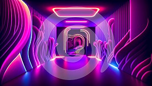 Futuristic blue and pink neon interior, generative AI.