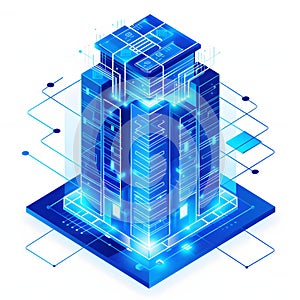 Futuristic blue server towers with network lines, digital abstract data center concept