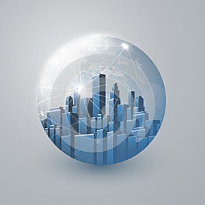 Futuristic Blue Smart City, IoT and Cloud Computing Design Concept with Polygonal Mesh Globe, Nodes, Cityscape, Skyscrapers