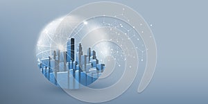Futuristic Blue Smart City, IoT and Cloud Computing Design Concept with Polygonal Mesh Globe with Nodes, Cityscape, Skyscrapers