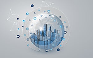 Futuristic Blue Smart City, IoT and Cloud Computing Design Concept with Polygonal Mesh Globe, Nodes, Cityscape, Skyscrapers