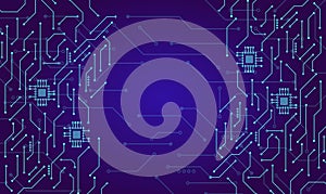 Futuristic blue technology background with glowing blue circuit lines and microchip elements, digital network structure design
