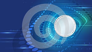 Futuristic blue technology background with a glowing circular interface, hexagonal patterns, and binary code, symbolizing digital