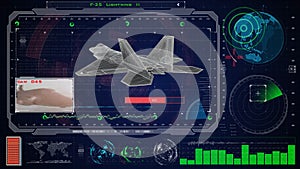 Futuristic blue virtual graphic touch user interface HUD. Jet f 22 airplane.