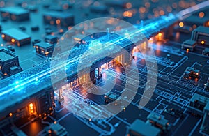 Futuristic blueprint design toll plaza. Advanced architecture with transportation tech, engineering innovation. Digital render of