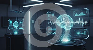 Futuristic Brain Hologram Display in Dark Technology Laboratory