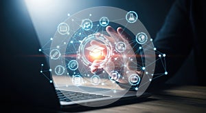 Futuristic brain network emerging from laptop symbolizing artificial intelligence and connectivity