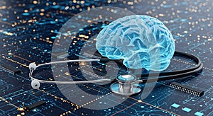 Futuristic Brain and Stethoscope on Digital Matrix Background