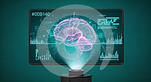 Futuristic Brain Technology Hologram with Data Visualization on Screen