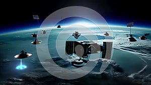 Futuristic broadcasting or GPS data satellites flighting in planet