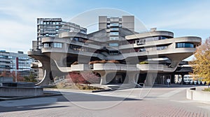 A futuristic brutalist building in an urban context