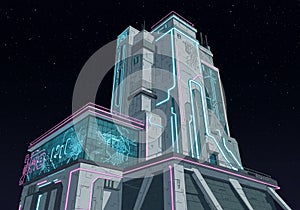 Futuristic building design featuring a tall, rectangular structure with sleek, angular