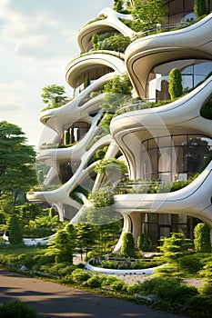 Futuristic building design, vertical forest green plants on modern wall