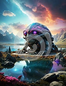 Futuristic Building in the shape of alien creature, space base on alien Planet, Sky with clouds, generative ai illustration