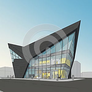 Futuristic building with a sharp, angular design, featuring large glass windows and a