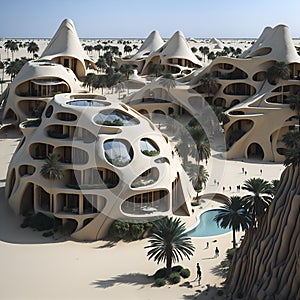 A futuristic building surrounded by palm trees in the desert created with Generative AI technology