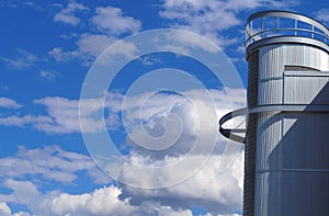 Blue cloudy sky futuristic building office tower metal structure architecture