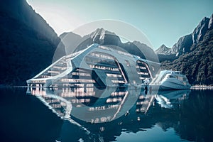 Futuristic building on a calm lake surrounded by mountains, future architecture