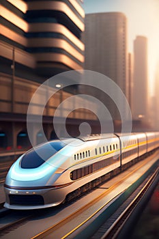 Futuristic bullet train on the rail passing through the city. Generative AI_4