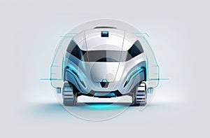 Futuristic bus with blue front light and rolling automotive tires