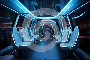 Futuristic bus interior with empty passenger seats. Generative AI