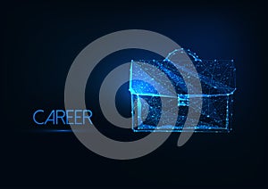 Futuristic business career concept with glowing low polygonal brief case on dark blue background.