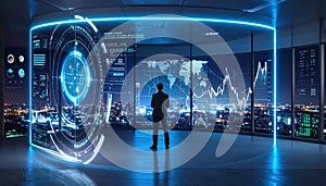 Futuristic Business Executive Analyzing Global Data on Holographic Display