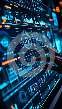 Futuristic Business Intelligence Team Analyzing Financial Data on Virtual Touchscreen