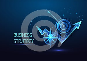 Futuristic business strategy, goals concept with glowing low poly growth chart, compass, and target