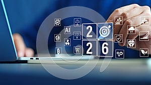 Futuristic business and technology concept 2026 with digital graph, AI, blockchain, cloud computing, and innovation, representing