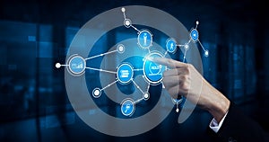 Futuristic Business Technology Concept with Hand Interacting with Digital Interface and Data Visualization Elements in a