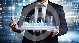 Futuristic Businessman Presenting Holographic Data Interface