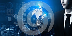 Futuristic Businessman Using Advanced Technology Interface for Data Visualization and Analysis in a Modern Urban