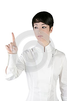 Futuristic businesswoman finger touching pad