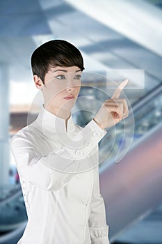 Futuristic businesswoman office finger touch pad