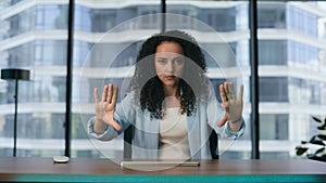 Futuristic businesswoman using transparent display office. Woman checking data
