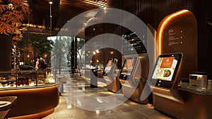 Modern Restaurant Interior with Self-Order Kiosks photo